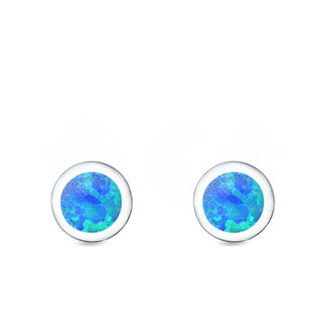 Round Stud Earrings Lab Created Blue Opal 925 Sterling Silver (6mm)